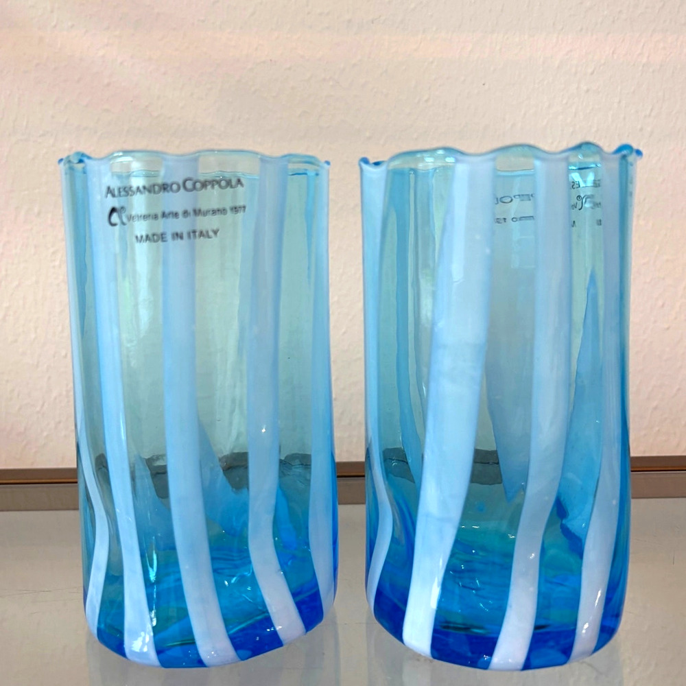 Alessandro Coppola Murano Italy Blue & White Art Glass Tumblers Set of 2 NEW